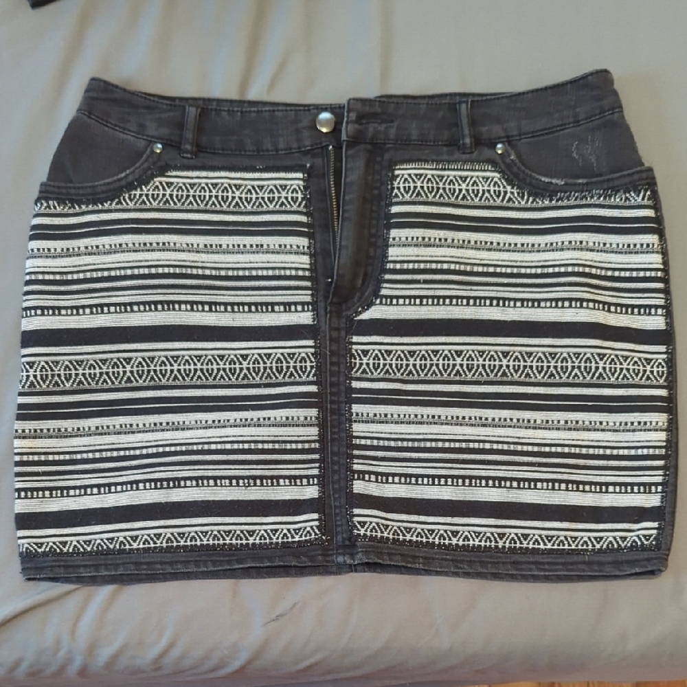 Black and White Patterned Denim Mini Skirt